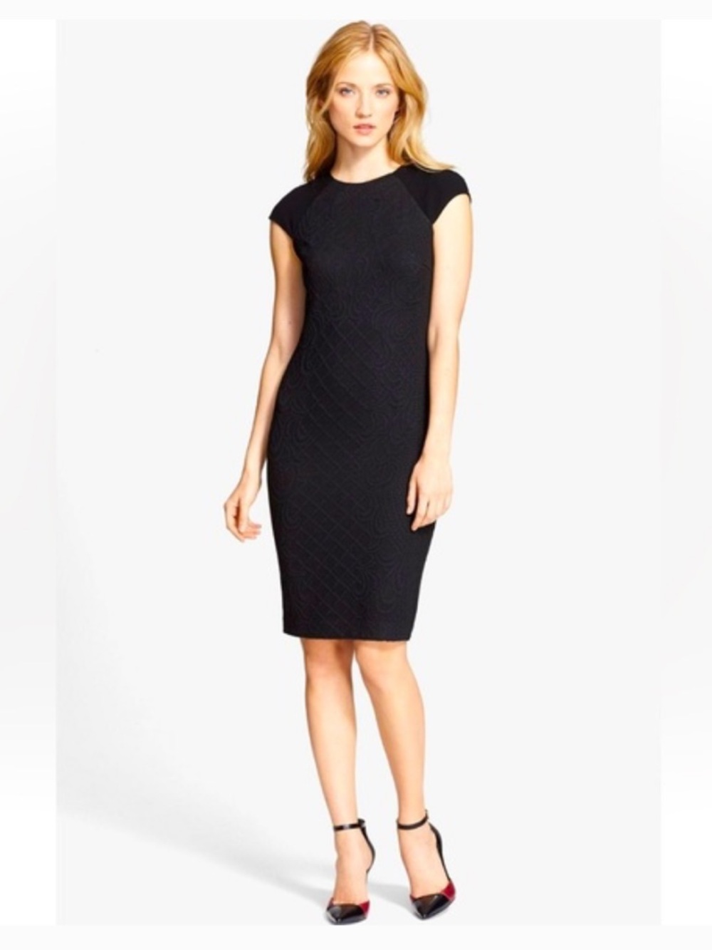 Tory Burch Wool Luxe Texture Patterned Black Dress Classic Sheath Power Dress